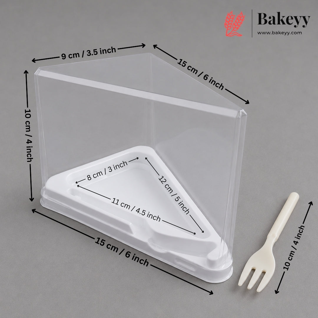 Clear plastic bakery display box with a white triangular base, shown with dimension arrows and labels on a gray background, plus a cream-colored serving fork and a Bakeyy logo in the top right.