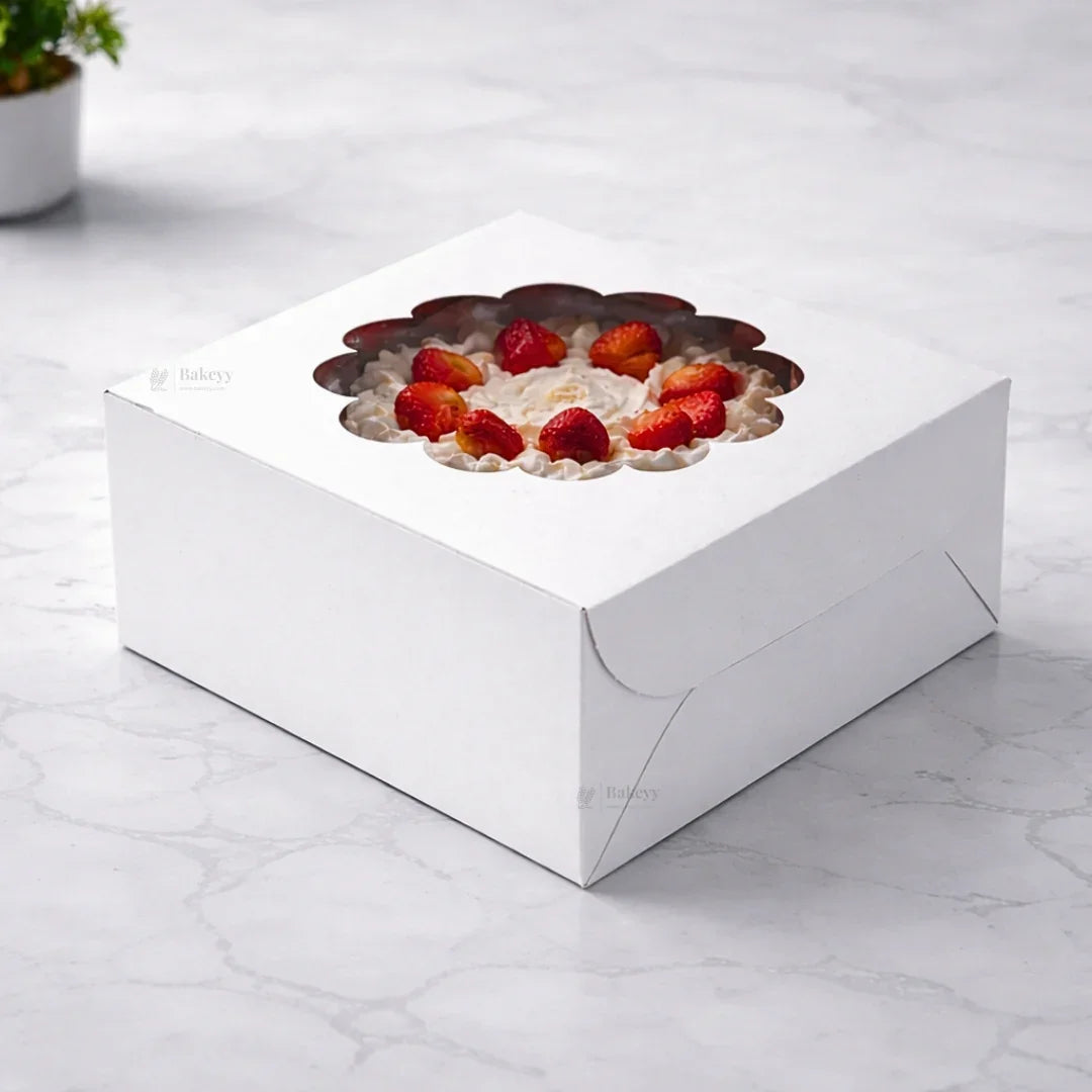 5 Inch Height | White Cake Box with Flower Window Top | Multiple Sizes Available | Pack of 25