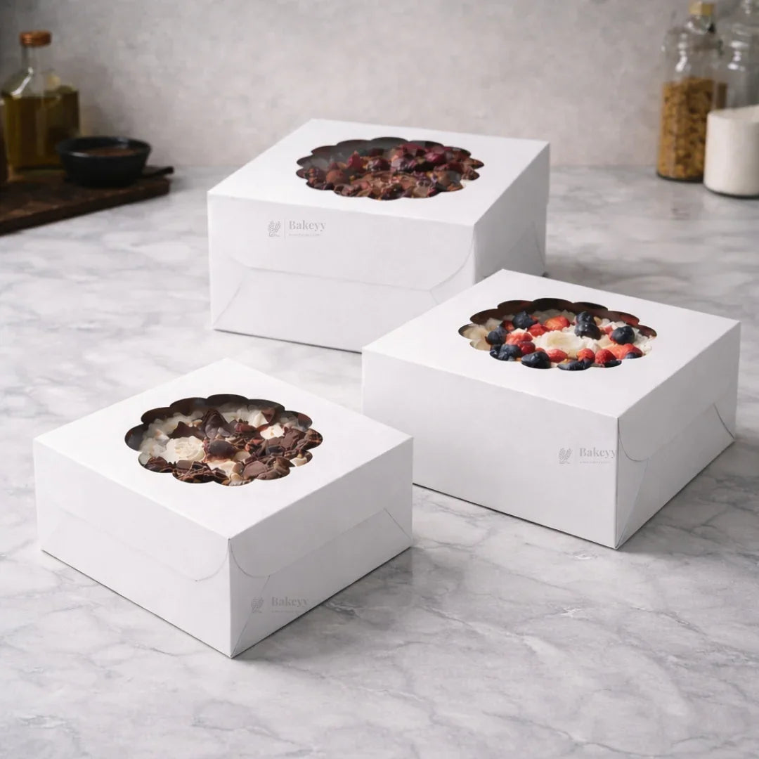 5 Inch Height | White Cake Box with Flower Window Top | Multiple Sizes Available | Pack of 25