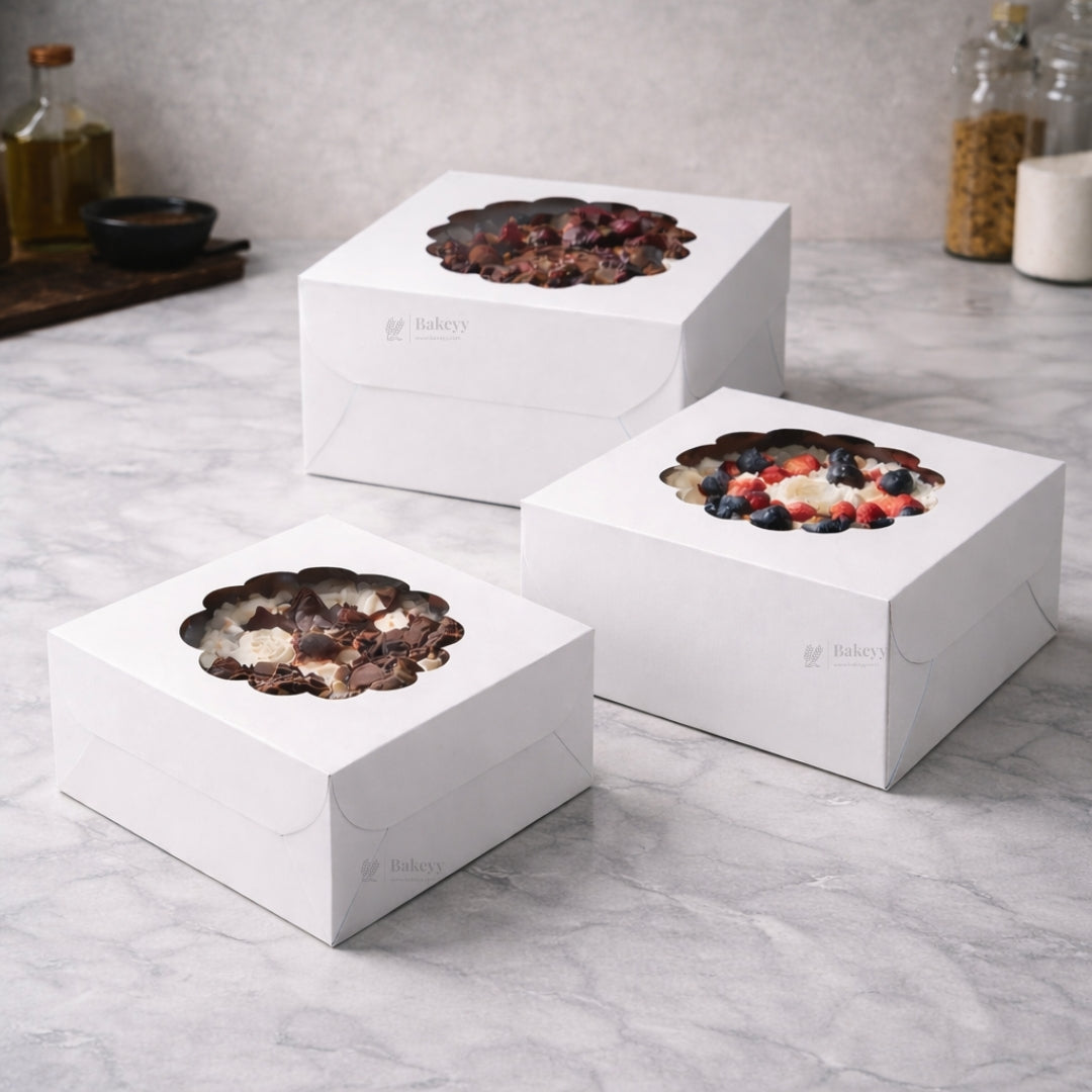 5 Inch Height | White Cake Box with Flower Window Top | Multiple Sizes Available | Pack of 25