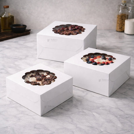 5 Inch Height | White Cake Box with Flower Window Top | Multiple Sizes Available | Pack of 25