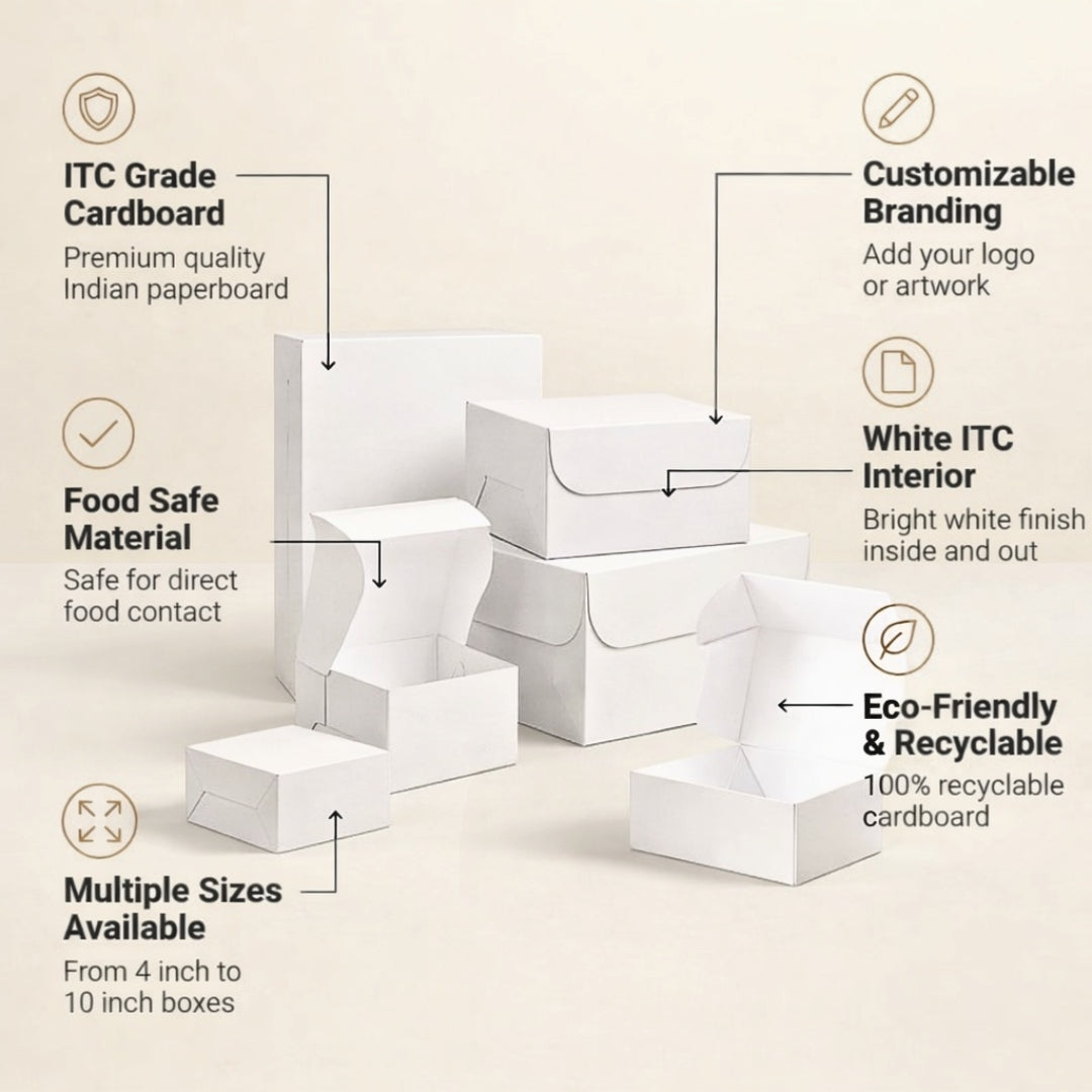White Cake Box with ITC Back | Sturdy Cake Packaging Box | Multiple Sizes Available | Pack of 25