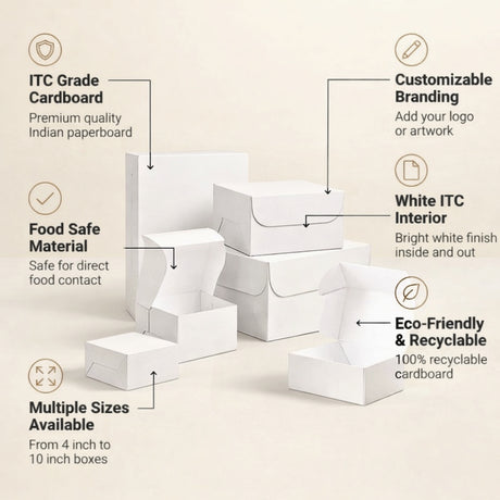 White Cake Box with ITC Back | Sturdy Cake Packaging Box | Multiple Sizes Available | Pack of 25