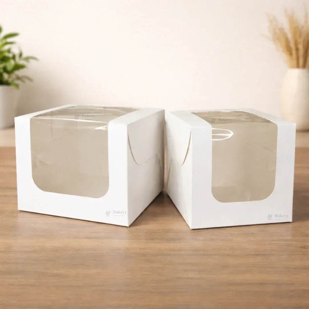 White Cake Box with L-Shape Window | 8 Inch Height | 2 Sizes Available | Tall Cake & Dessert Packaging | Pack of 25 - Bakeyy.com - India - White Cake Box with L-Shape Window | 8 Inch Height | 2 Sizes Available | Tall Cake & Dessert Packaging | Pack of 25 - 8x8x8 Inch 1050.00