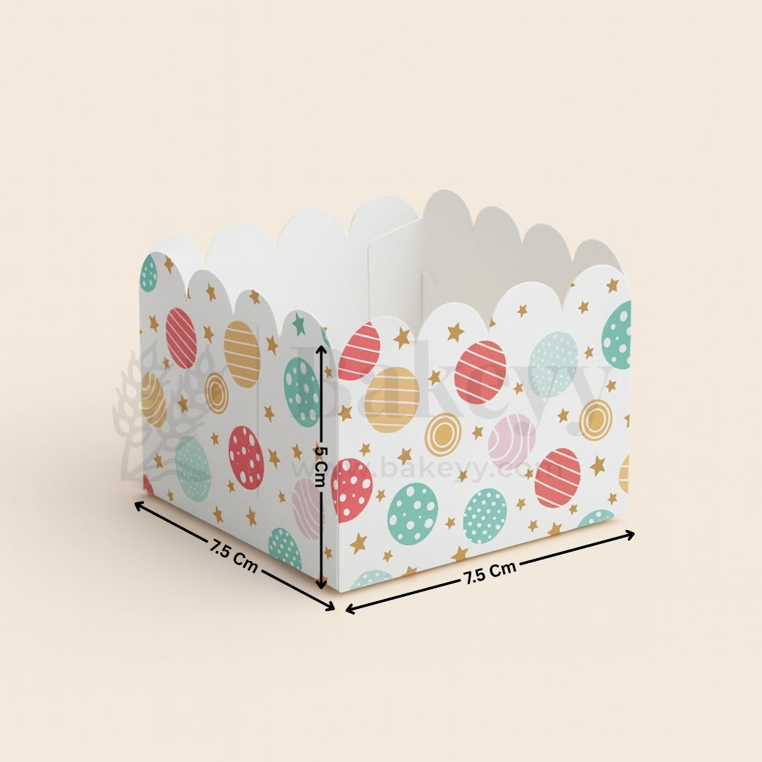Small decorative box with colorful patterns and dimensions on a beige background