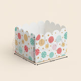 Small decorative box with colorful patterns and dimensions on a beige background