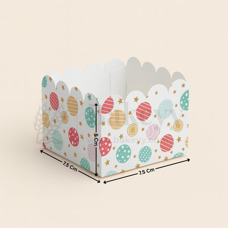 Small decorative box with colorful patterns and dimensions on a beige background