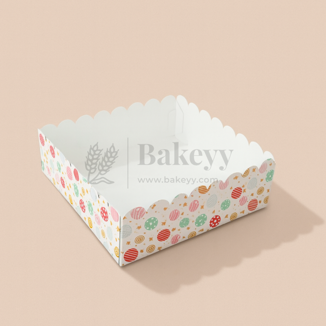 Decorative baking tray with colorful pattern on a beige background, featuring the brand 'Bakeyy'.