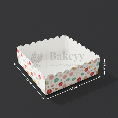 Polka dot cake box with dimensions on a black background, featuring the brand 'Bakeyy'.