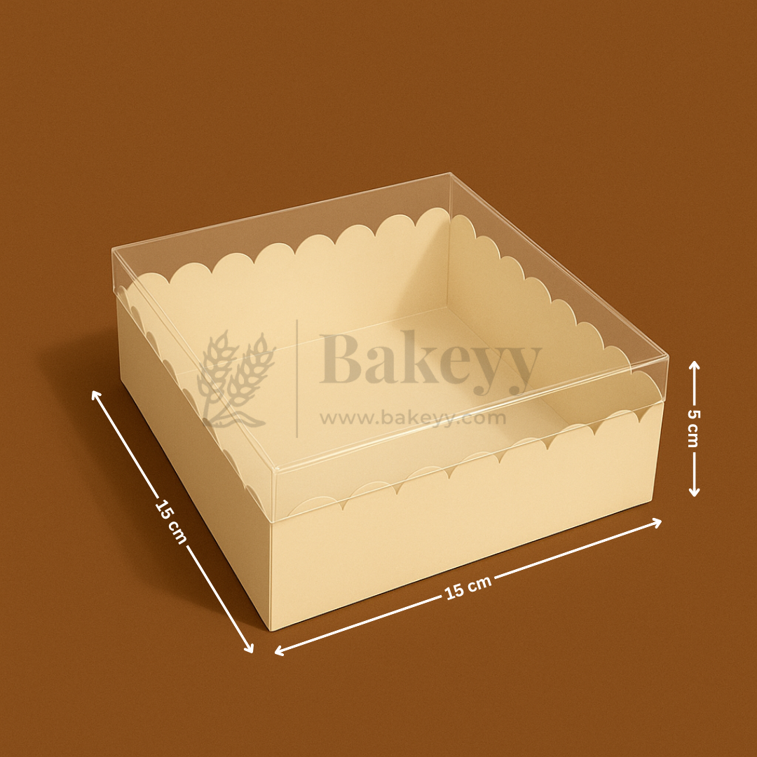 Bakery box with scalloped edges and 'Bakeyy' branding on a brown background