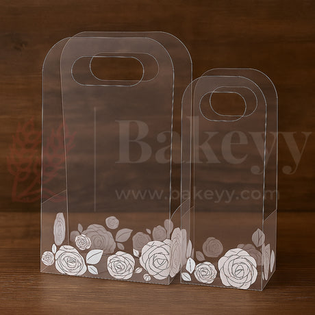 Clear plastic bags with floral design on a wooden surface, featuring the brand 'Bakeyy'.