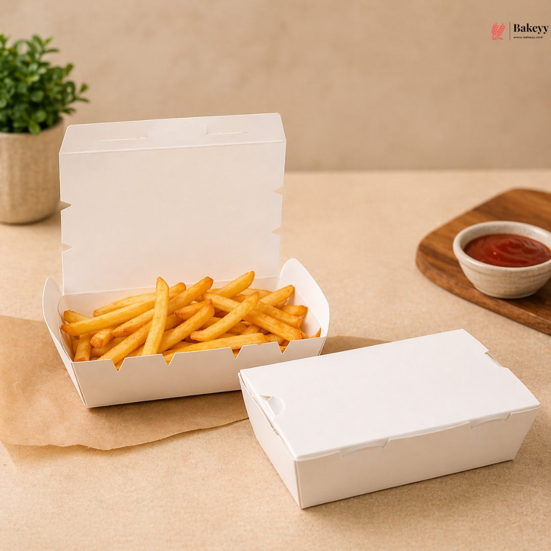 White Food Packaging Box with Lid | Takeaway Snack Box | 4 Sizes Available | Pack of 50