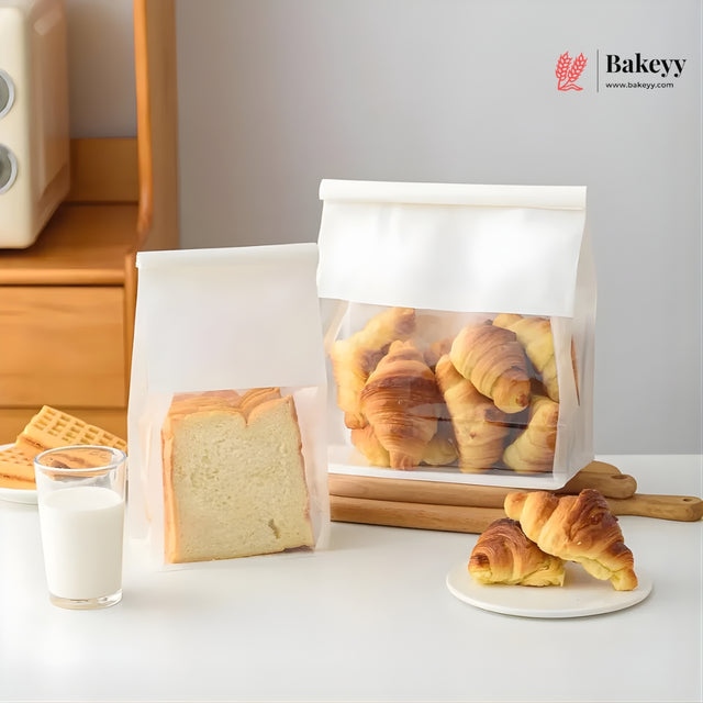 White Kraft Paper Bread Bags with Clear Window | Bakery Bags Tin Tie Tab Lock Treat Bag| Pack of 50
