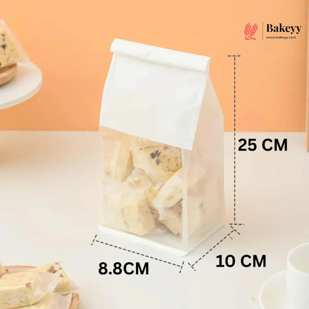 White Kraft Paper Bread Bags with Clear Window | Bakery Bags Tin Tie Tab Lock Treat Bag| Pack of 50