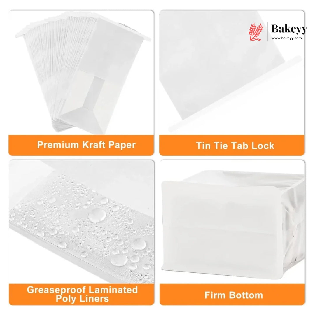White Kraft Paper Bread Bags with Clear Window | Bakery Bags Tin Tie Tab Lock Treat Bag| Pack of 50