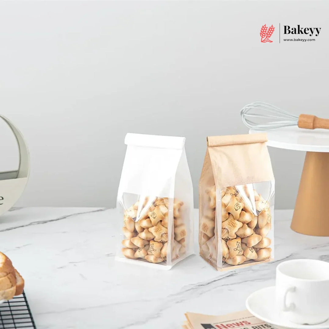White Kraft Paper Bread Bags with Clear Window | Bakery Bags Tin Tie Tab Lock Treat Bag| Pack of 50