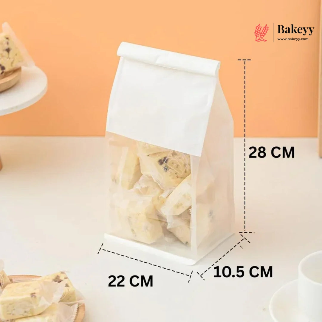 White Kraft Paper Bread Bags with Clear Window | Bakery Bags Tin Tie Tab Lock Treat Bag| Pack of 50