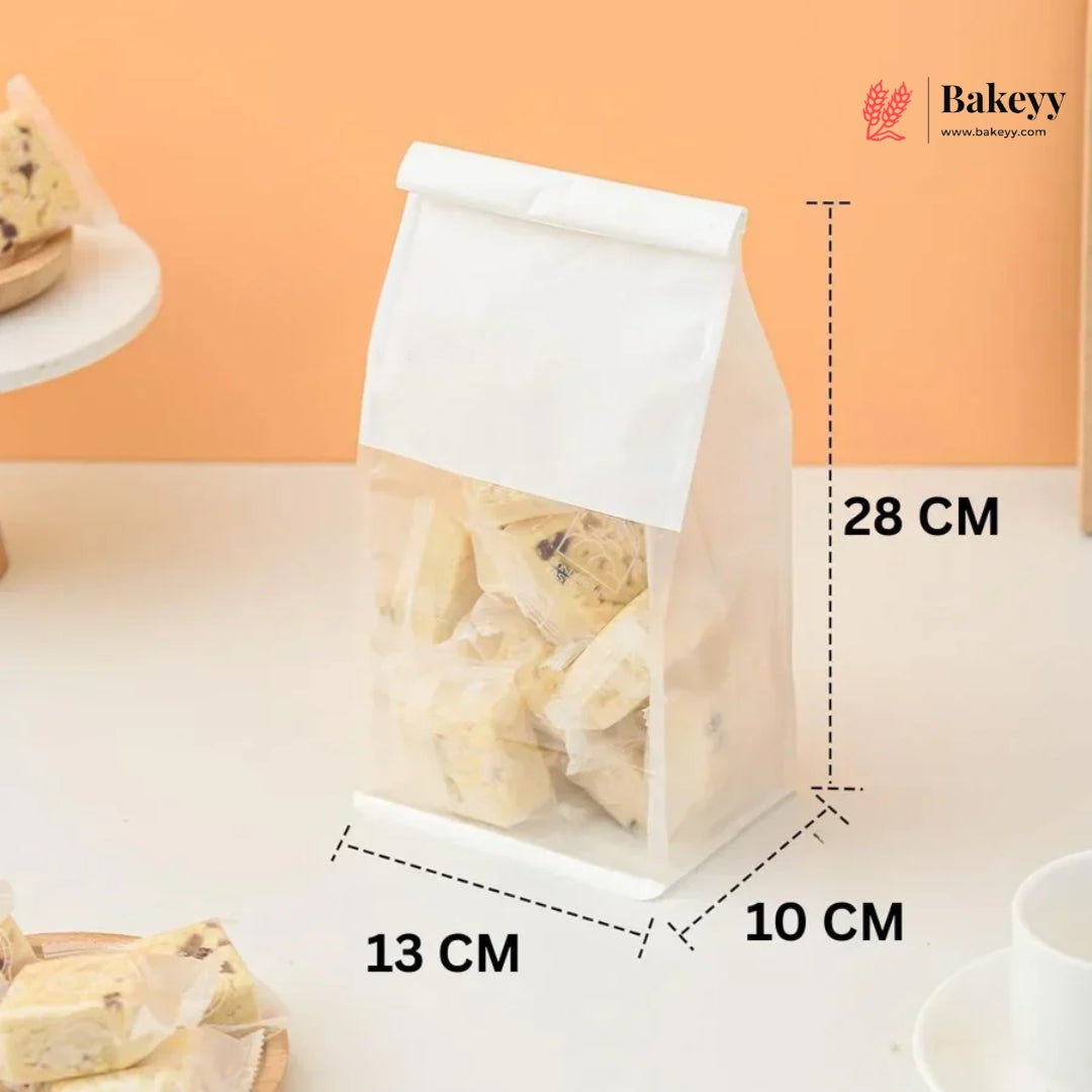 White Kraft Paper Bread Bags with Clear Window | Bakery Bags Tin Tie Tab Lock Treat Bag| Pack of 50