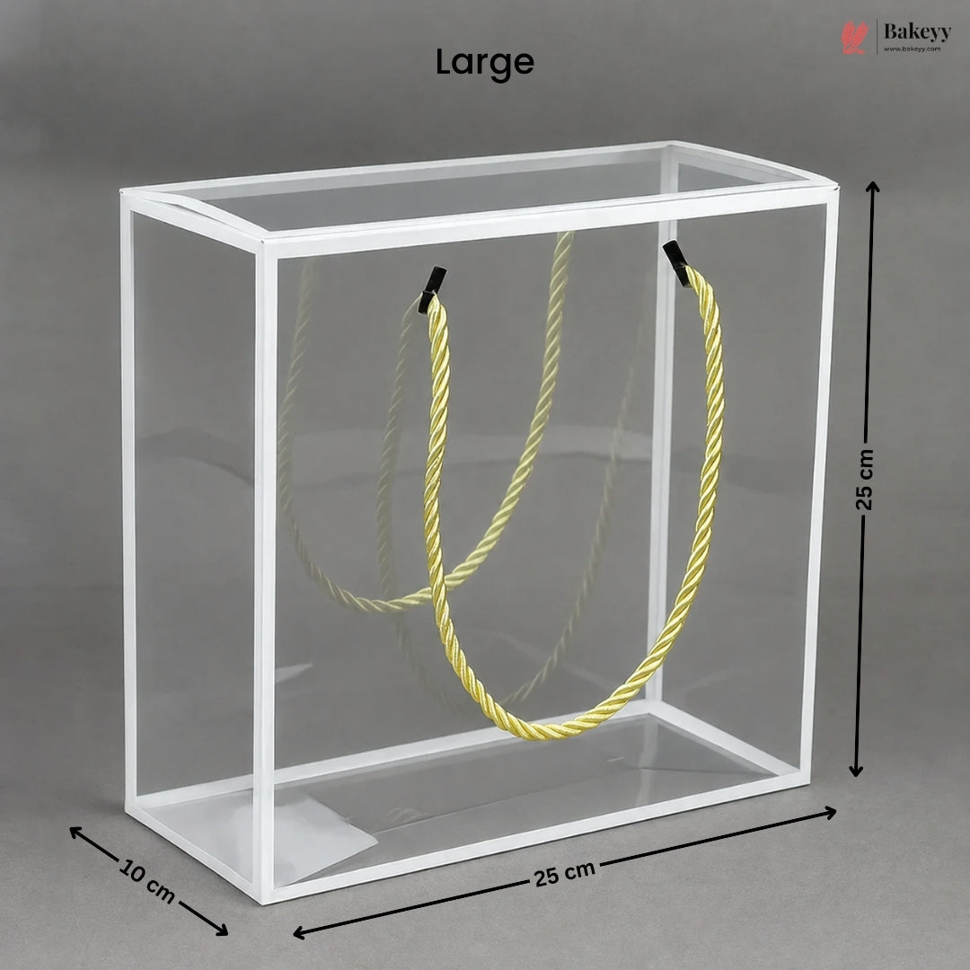 White PVC Transparent Gift Bag with Gold Rope Handle | Clear Premium Hamper Packaging Box | Pack of 10