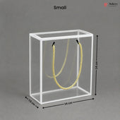 Small clear cube with yellow rope inside, dimensions labeled, on a gray background