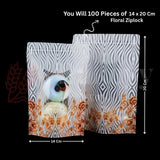 Floral ziplock bags with dimensions and quantity information on a black background