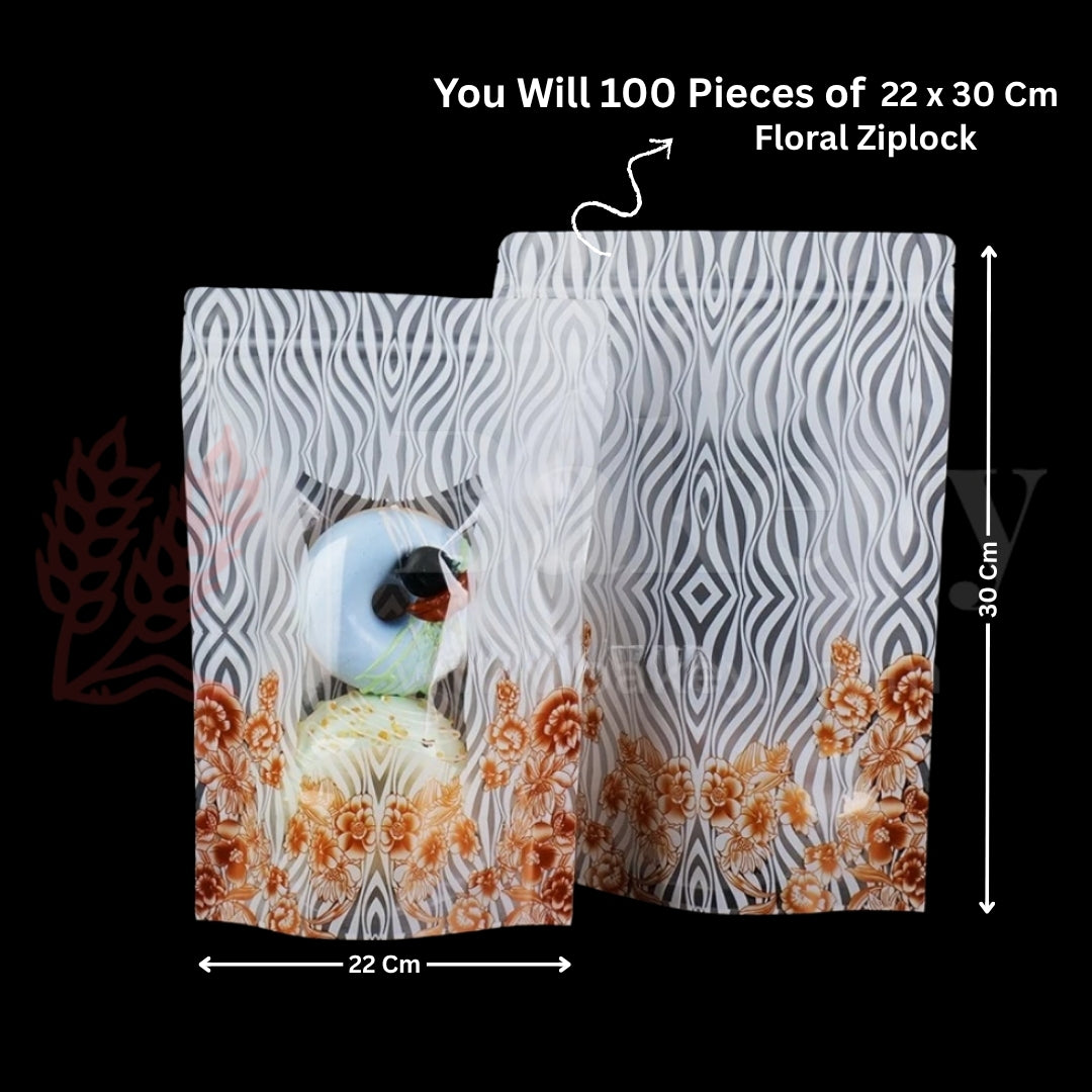 Floral ziplock bags with dimensions and quantity information on a black background