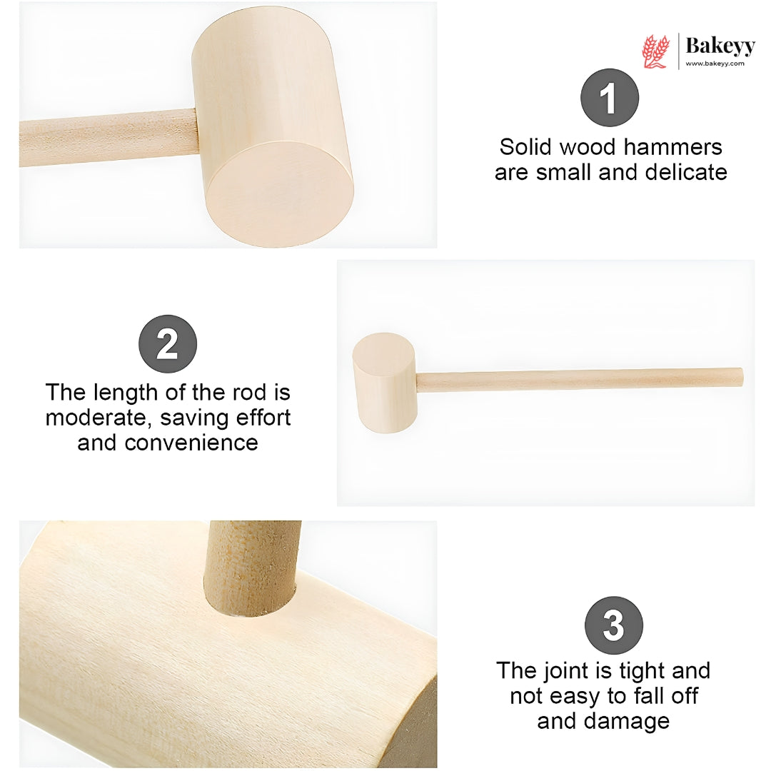 A four-panel product information graphic for a Bakeyy solid wood mallet. The panels show close-ups of the light natural wood mallet head and handle, along with three numbered text callouts explaining its solid wood construction, moderate length, and secure joint.