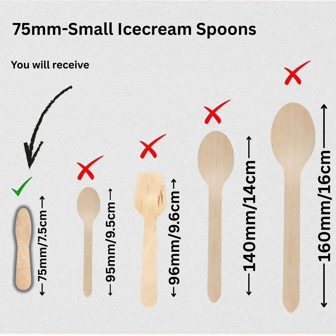 Bakeyy.com small 75mm wooden ice cream spoons comparison with other cutlery sizes
