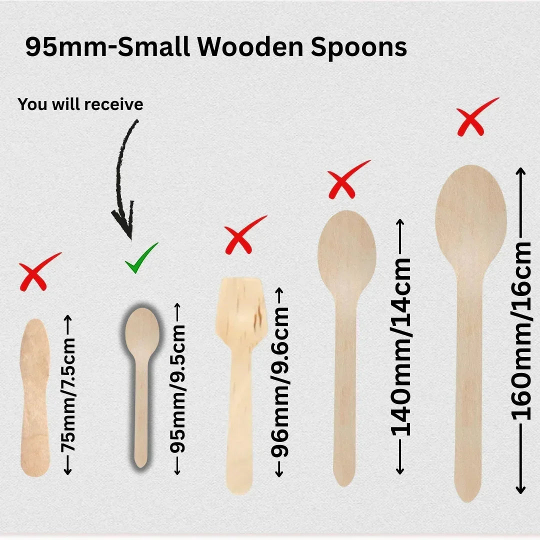 Comparison chart of wooden spoons with checkmark on 95mm small wooden spoon from Bakeyy.com wholesale baking supplies.
