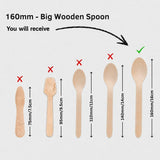 A size guide showing different wooden spoon shapes with dimensions in centimeters, highlighting that the customer will receive a 160mm big wooden spoon, marked with a green checkmark and an arrow.