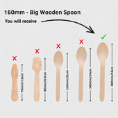 A size guide showing different wooden spoon shapes with dimensions in centimeters, highlighting that the customer will receive a 160mm big wooden spoon, marked with a green checkmark and an arrow.