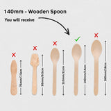 A size comparison graphic for a 140mm wooden spoon, showing several wooden spoon shapes with red X marks, a green check mark, and dimension arrows on a light gray background.