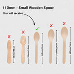 Size guide for a 110mm small wooden spoon, showing a wooden spoon at the center marked with a green checkmark and other larger spoon sizes marked with red X's on a light gray background.