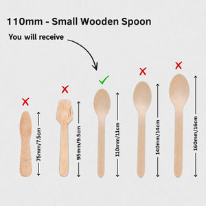 Size guide for a 110mm small wooden spoon, showing a wooden spoon at the center marked with a green checkmark and other larger spoon sizes marked with red X's on a light gray background.