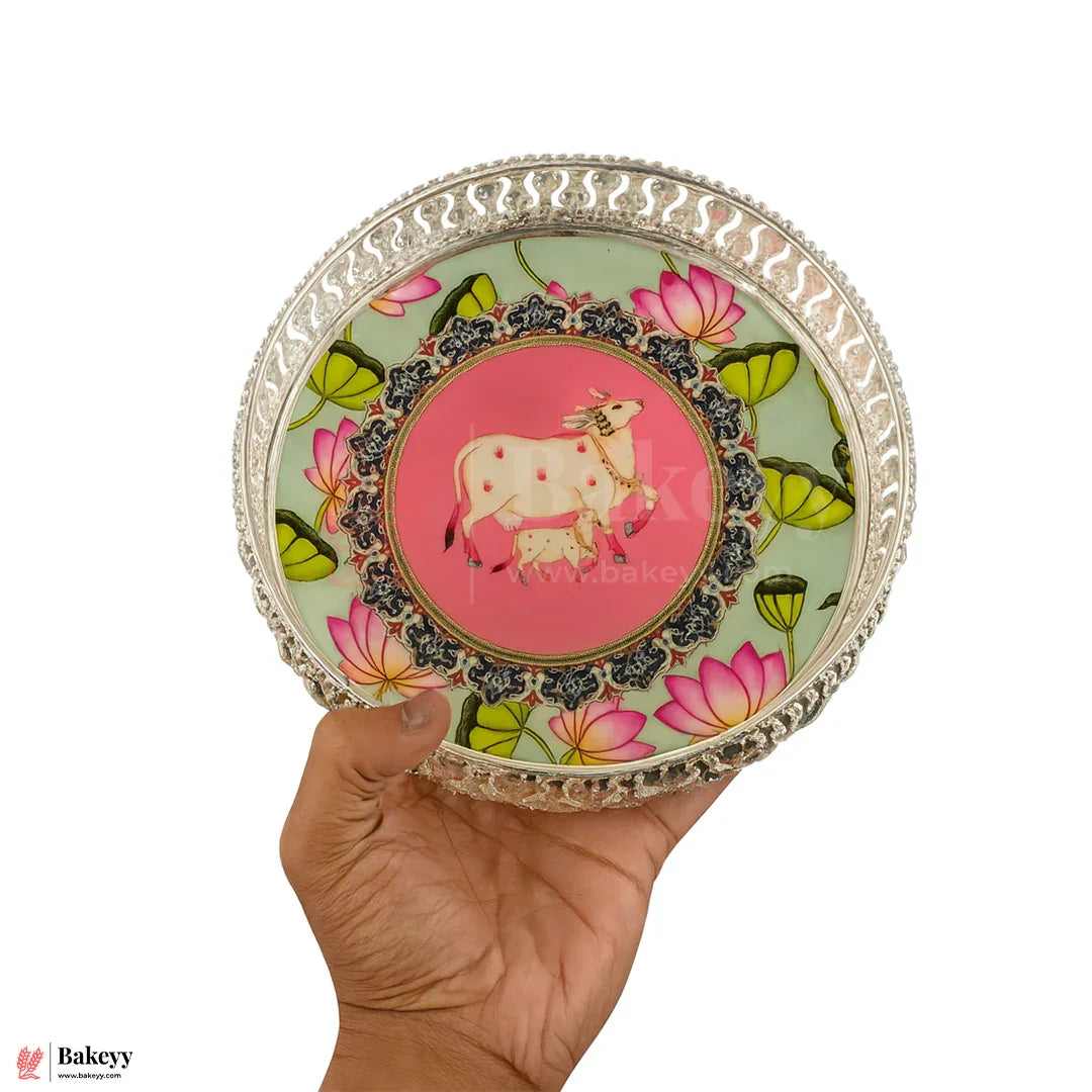 8 Inch Elegant Silver Plated Decorative Pooja Thali | Round Metal Tray Home Decor Items | Pichwai Tray for Return Gifts | Decorative Tray