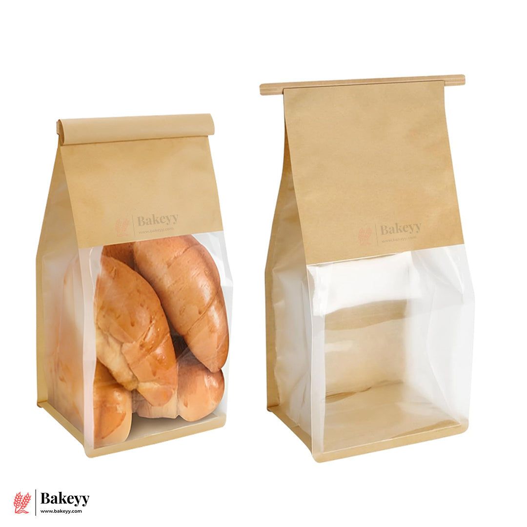 16x26x13cm Kraft Bread Bags with Transparent Window – Food-Grade & Stylish | Kraft Paper Pouches for Fresh Bakes | Baked Foods Packaging Storage | Pack Of 50