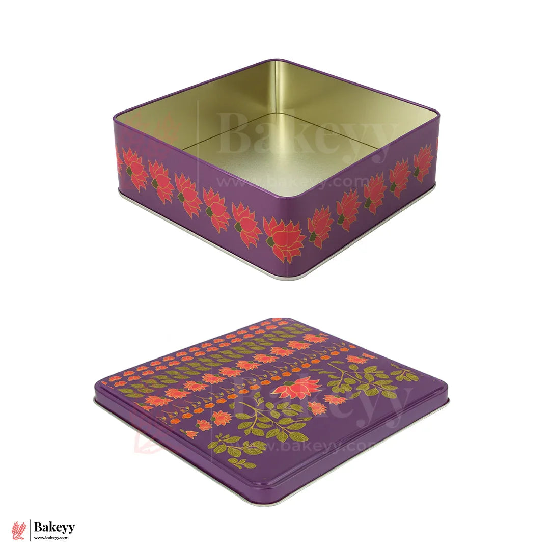 Premium Floral Printed Square Tin Box | Purple With Floral Printed – 6x6x2 inch | Gift Box for Chocolates, Dry Fruits, Sweets| Pack Of 2