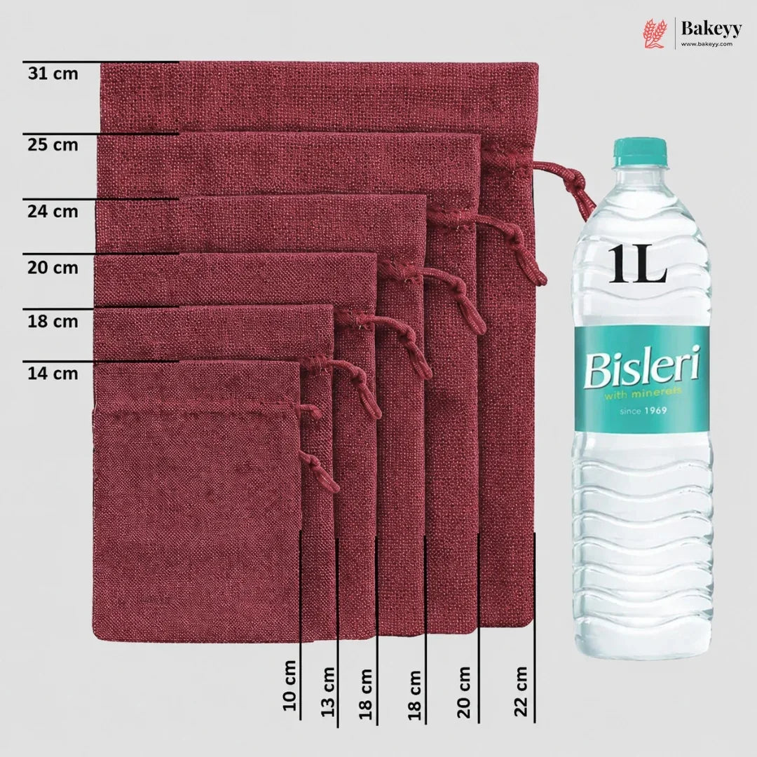 Six burgundy drawstring pouches of different sizes arranged in descending size order, with height measurements in centimeters labeled on the left and a 1L Bisleri water bottle shown on the right for scale. The Bakeyy logo is in the top right corner.