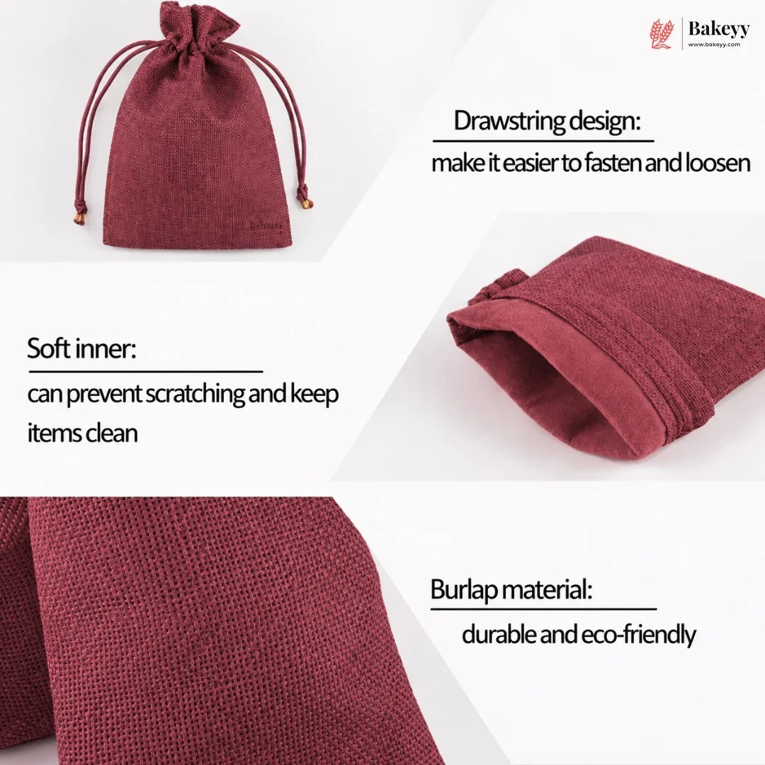 A dark red/burgundy burlap drawstring pouch shown in a four-panel infographic with text highlighting its features: drawstring design, soft inner lining, burlap material, and eco-friendly appeal. The Bakeey brand logo is visible in the top right corner.
