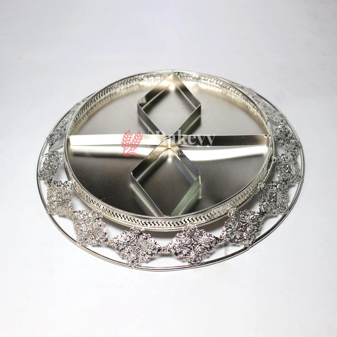 Luxurious Round Metal Serving Tray with Elegant Floral Design | Luxurious Silver-Plated Metal Dry Fruit Tray - Bakeyy.com - India - Luxurious Round Metal Serving Tray with Elegant Floral Design | Luxurious Silver-Plated Metal Dry Fruit Tray - Default Title