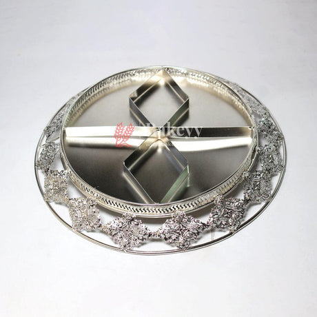 Luxurious Round Metal Serving Tray with Elegant Floral Design | Luxurious Silver-Plated Metal Dry Fruit Tray - Bakeyy.com - India - Luxurious Round Metal Serving Tray with Elegant Floral Design | Luxurious Silver-Plated Metal Dry Fruit Tray - Default Title