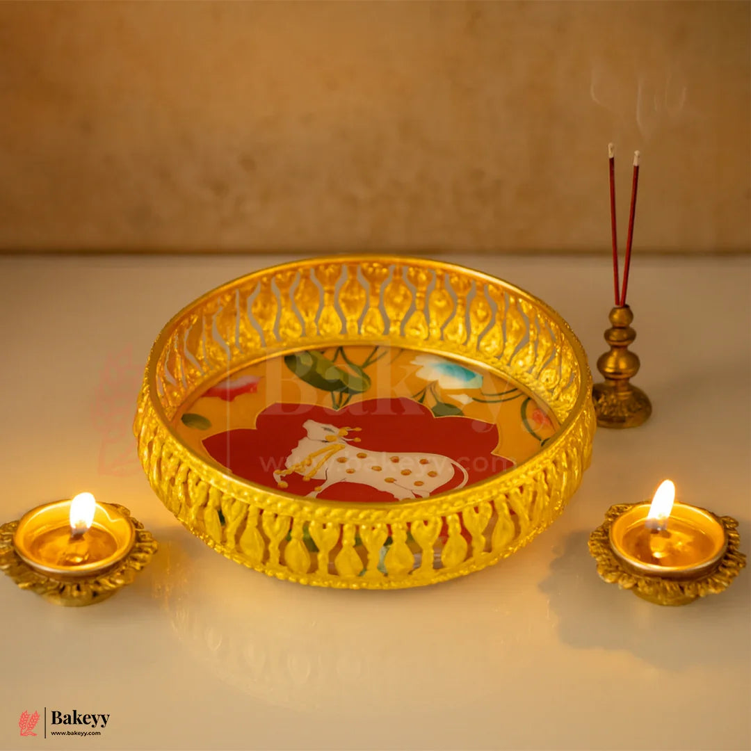 Inch Elegant Gold Plated Decorative Pooja Thali Round Metal Tray H