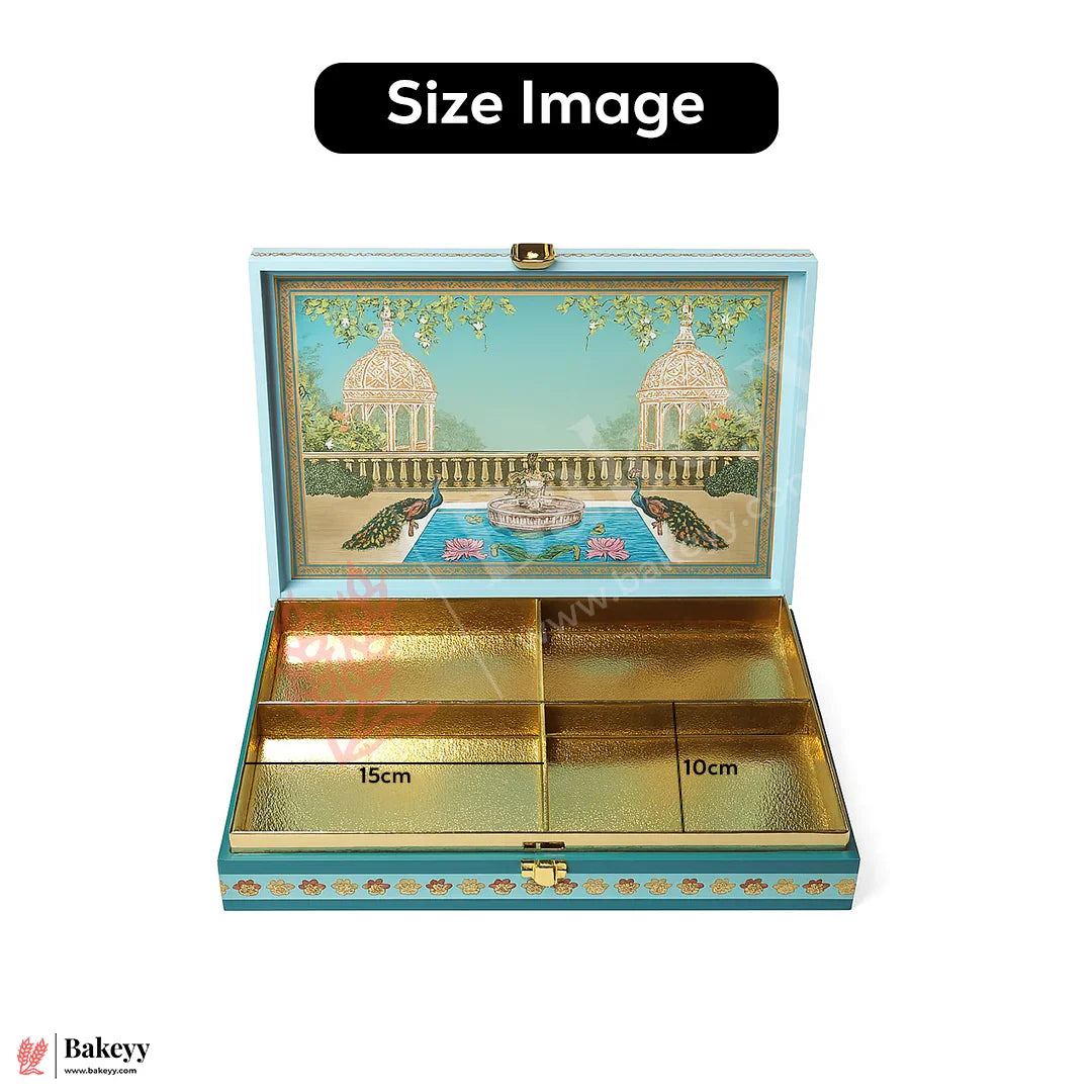 30x20x5cm| Premium Peacock Themed MDF Hamper Box with Gold Compartments – 4 Section Gift Box for Rakhi & Dry Fruits |