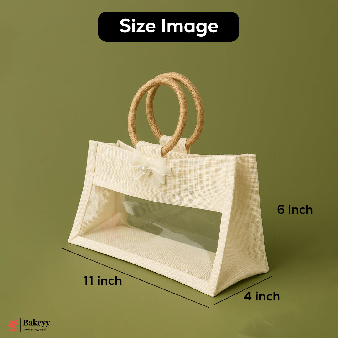 11x4x6 inch Premium Jute Gift Bag with Window & Round Handle – Elegant Bow Design – Pack Of 1