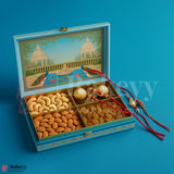 30x20x5cm| Premium Peacock Themed MDF Hamper Box with Gold Compartments – 4 Section Gift Box for Rakhi & Dry Fruits |