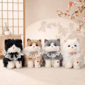 Four plush cat toys with lace collars on a neutral background, featuring the brand 'Bakeyy'.Cute Plush Cat Backpack | Meow Sound Interactive | Wearable Storage Soft Backpack Toy | Pack of 1