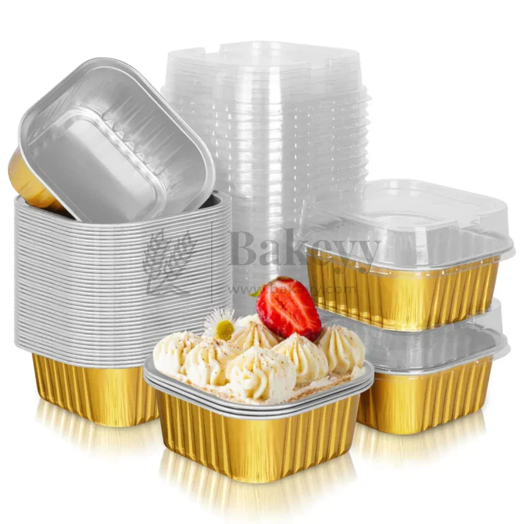 Aluminum Foil Baking Containers with Transparent Lid | Square Tins | Bake N Serve | Pack of 100 - Bakeyy.com - India - Aluminum Foil Baking Containers with Transparent Lid | Square Tins | Bake N Serve | Pack of 100 - Gold / 300 ml