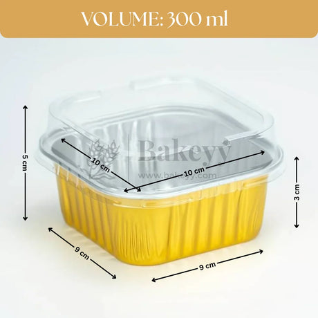 Yellow food container with dimensions and 'Bakey' branding on a white background