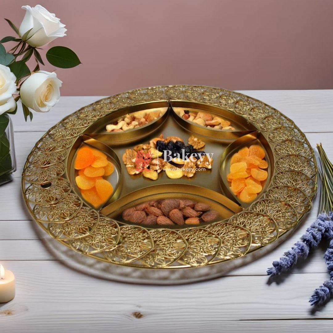 16 inch |Luxurious Gold-Plated Round Serving Tray with 6-Part Sections | Gold-Plated Round Metal Dry Fruit Tray