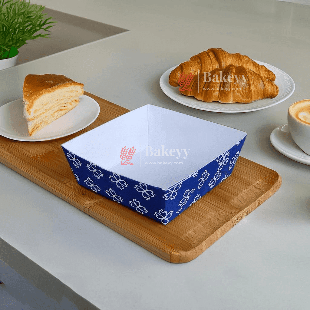 Brownie Bake N Serve Paper Trays | Pack of 50 | Floral Print Square Cups in Red, Blue & Brown for Elegant Baking & Serving - Bakeyy.com - India - Brownie Bake N Serve Paper Trays | Pack of 50 | Floral Print Square Cups in Red, Blue & Brown for Elegant Baking & Serving - Blue